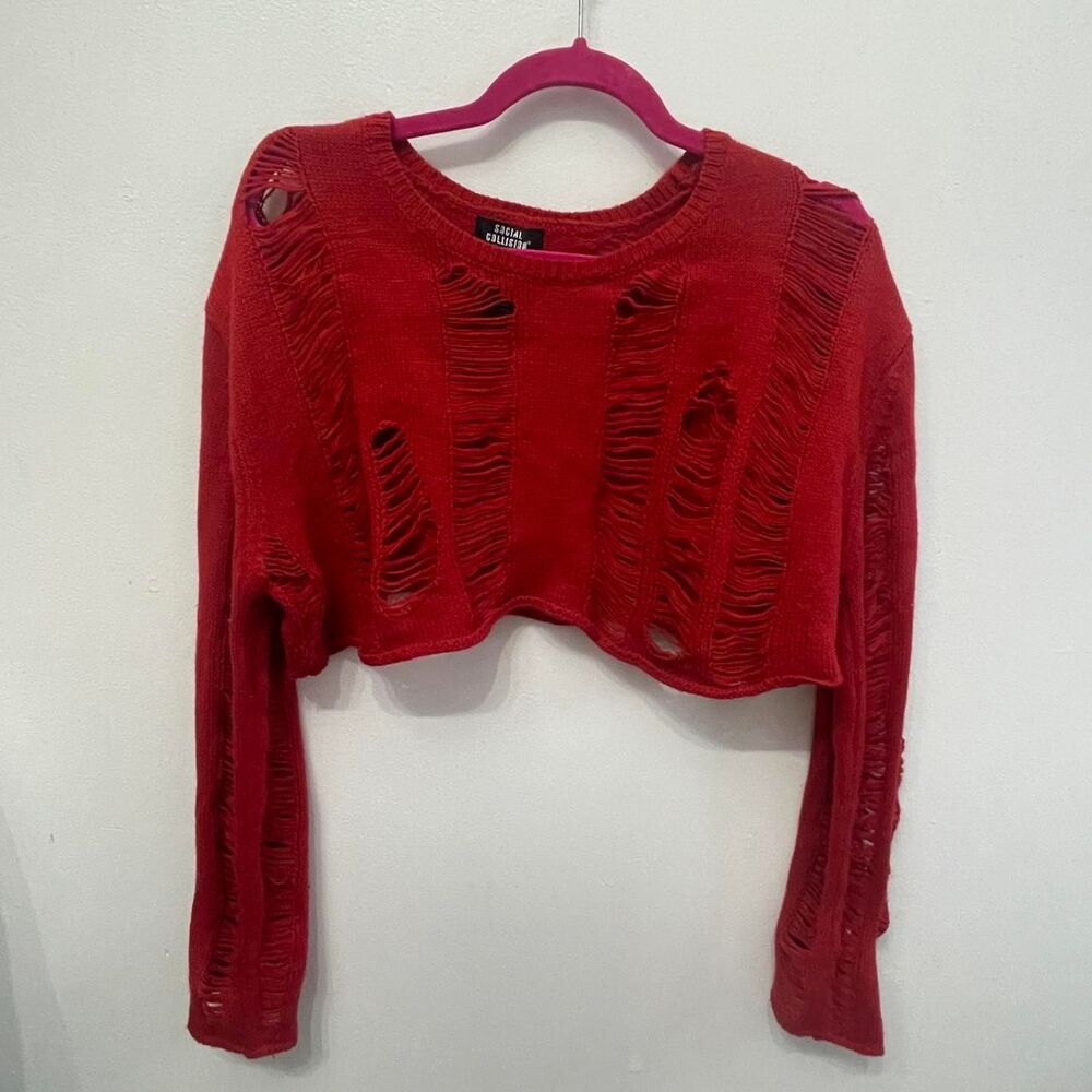 Hot topic Social Collision Red Distressed Bolero Girls Crop Shrug
